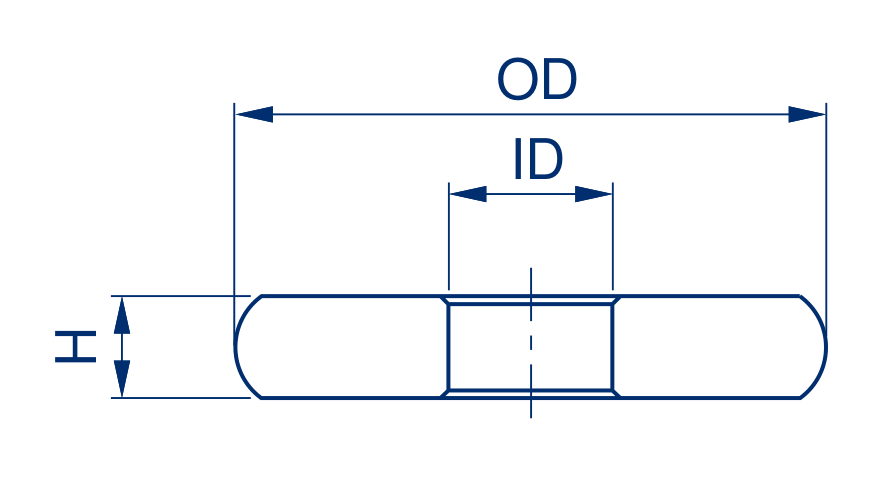 Schematic profile B showing outside diameter OD, bore ID and thickness H