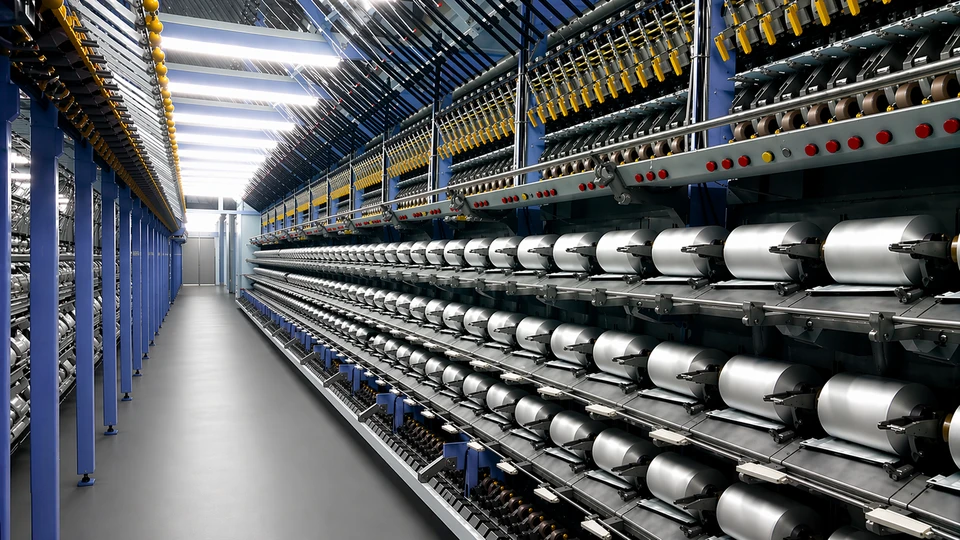 Texturing machine with rows of yarn packages alongside the production aisle