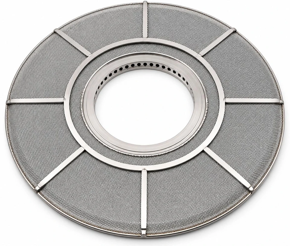 Leaf disc filter element with radial spacers and a central drainage hub