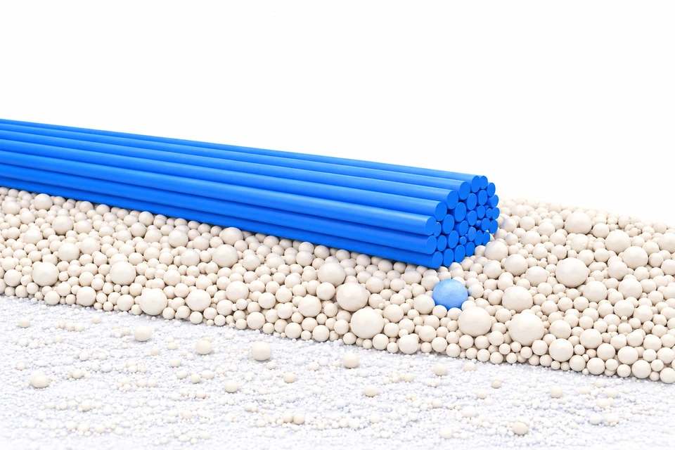 Straight blue filaments on a matt ceramic surface