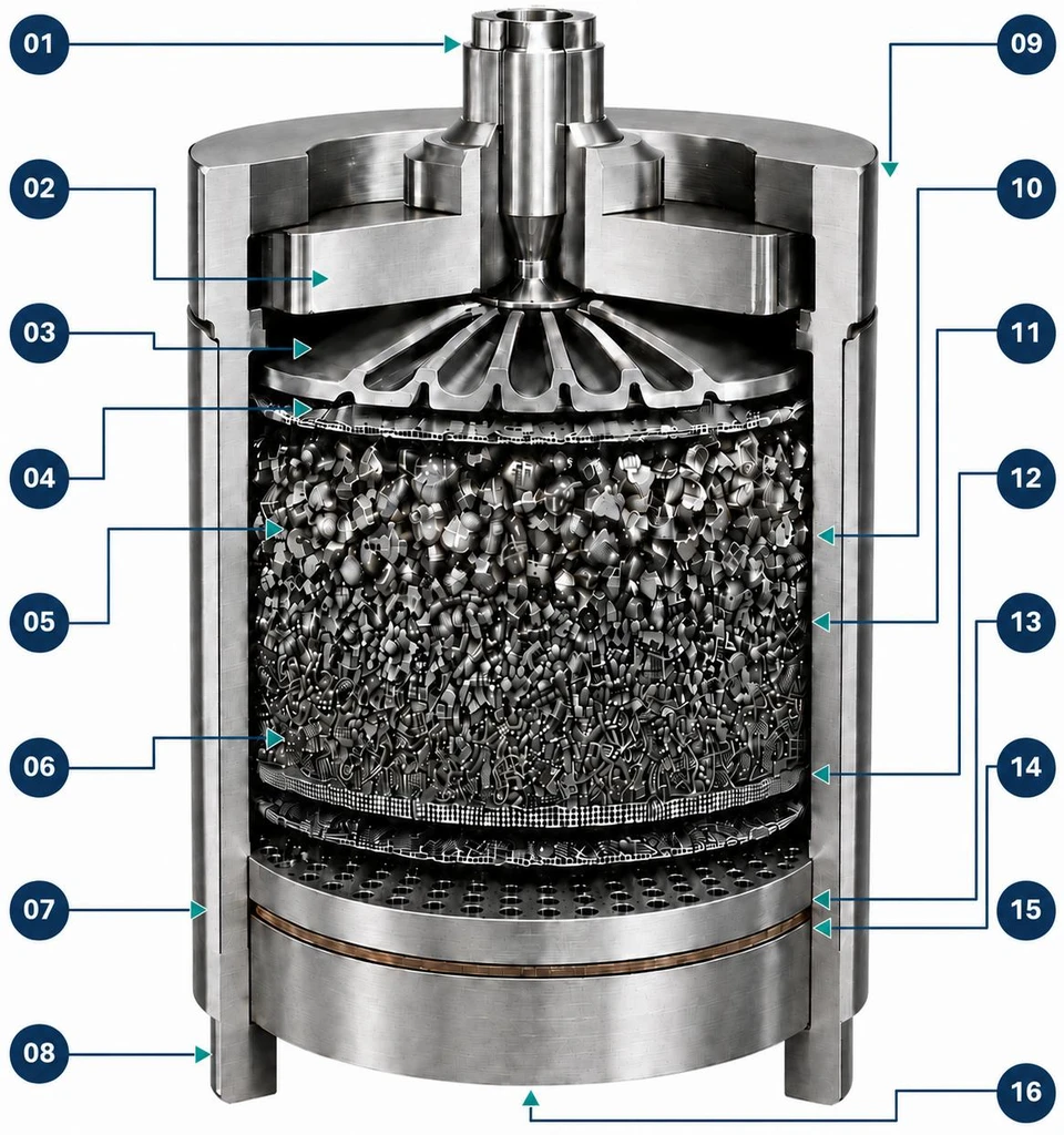 Illustrative cutaway of a polymer melt spin pack