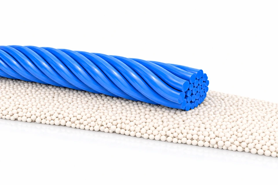 Twisted blue filaments on a polished ceramic surface